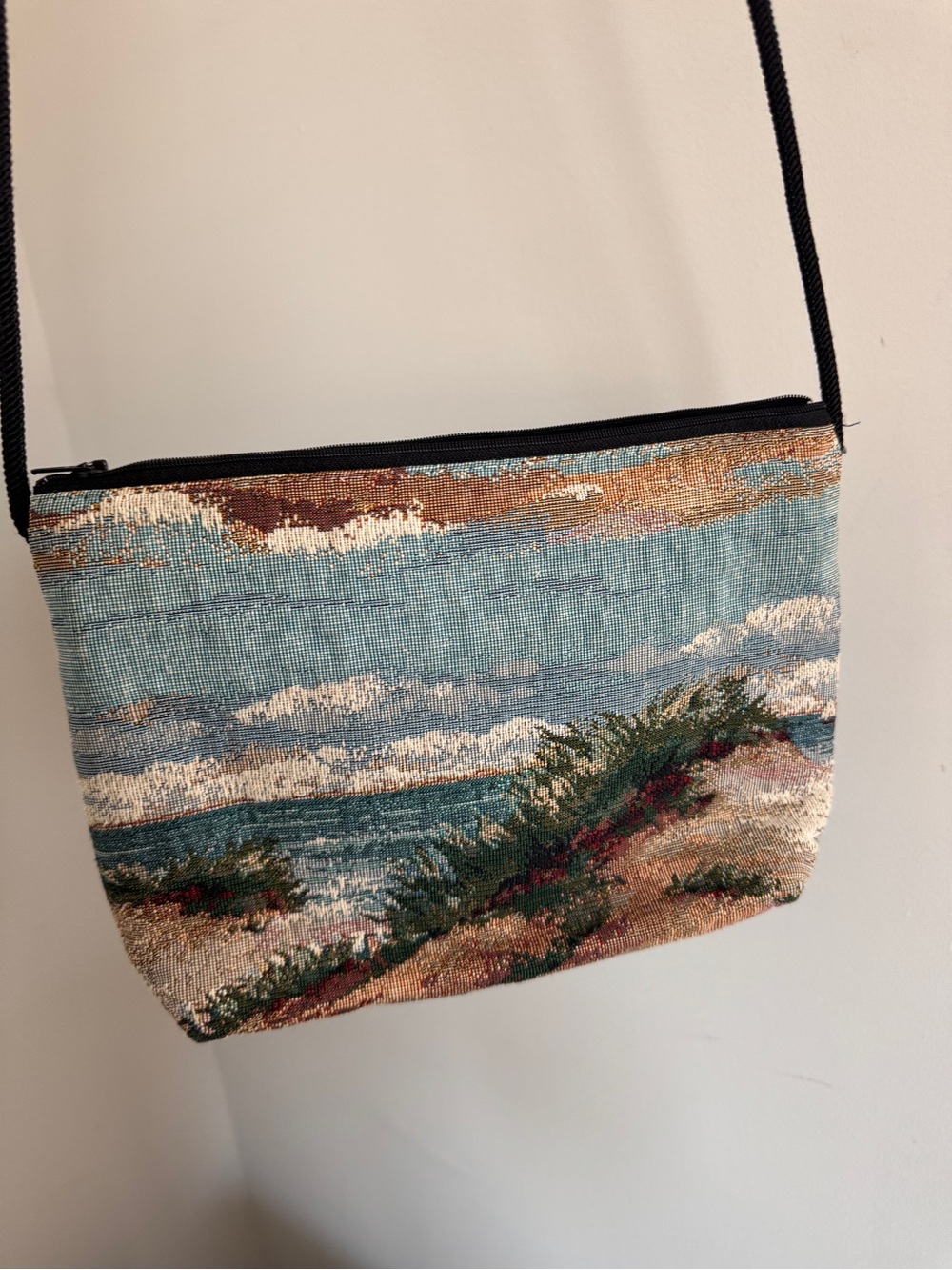 Vintage Tapestry Coastal Scene Crossbody Bag